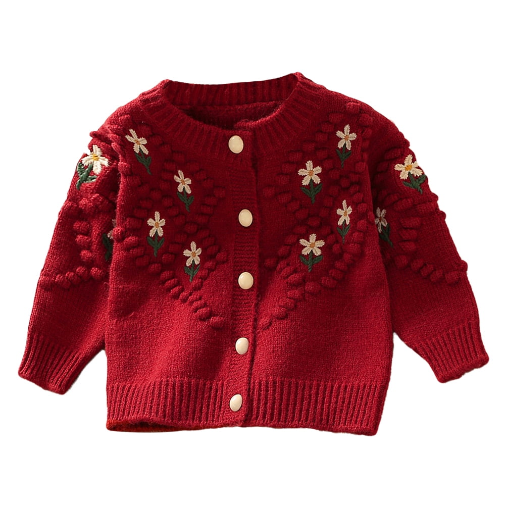 Winter girl sweater new baby knitted embroidered cardigan coat baby wool clothes,red,90cm，G71126