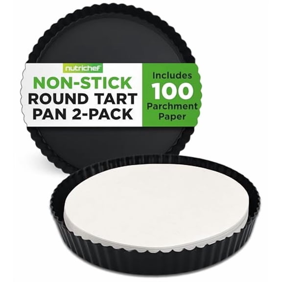 NutriChef 2 Round Tart Pans | 9 Inch Carbon Steel Tart Baking Trays with Removable Base | Nonstick & Even Heat Distribution | Includes 100 Parchment Papers | Height of 1 Inch | Black