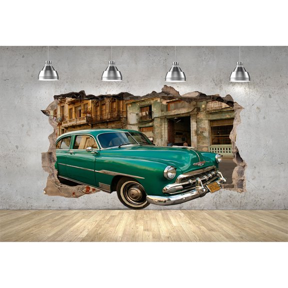 Startonight 3D Mural Wall Art Photo Decor Green Old Car in Havana Amazing Dual View Wall Mural Wallpaper Bedroom Retro Large 47.24 ‘’ By 86.61 ‘’