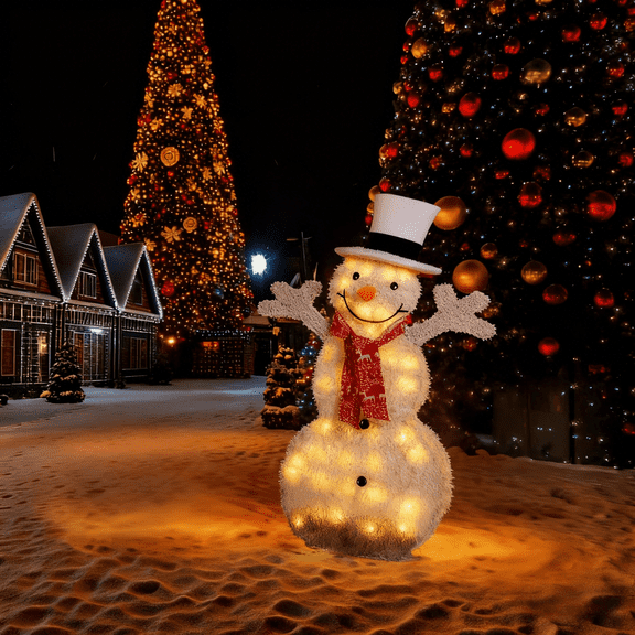 Christmas Lighted Snowman Decorations, Indoor Outdoor LED Snowman Family Figures with Top Hats & Scarves for Holiday Yard Lawn Home Decor, Middle