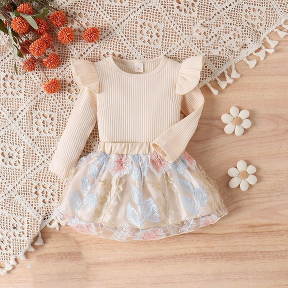 jsaierl Toddler Babby Girls Outfits 2 Piece Ruffle Long Sleeve Tops and Floral Mesh Tutu Skirt Sets Infant Girls Clothes 6M-4T