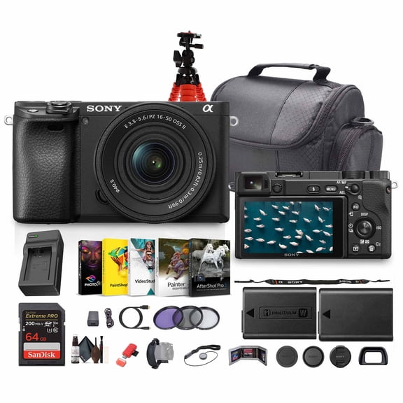 Sony a6400 Mirrorless Camera with 16-50mm f/3.5-5.6 II Lens (Black) (ILCE6400KB)   Photo Software   64GB Memory Card   NP-FW50 Battery   Camera Bag   Charger   Lens Filter Kit   More