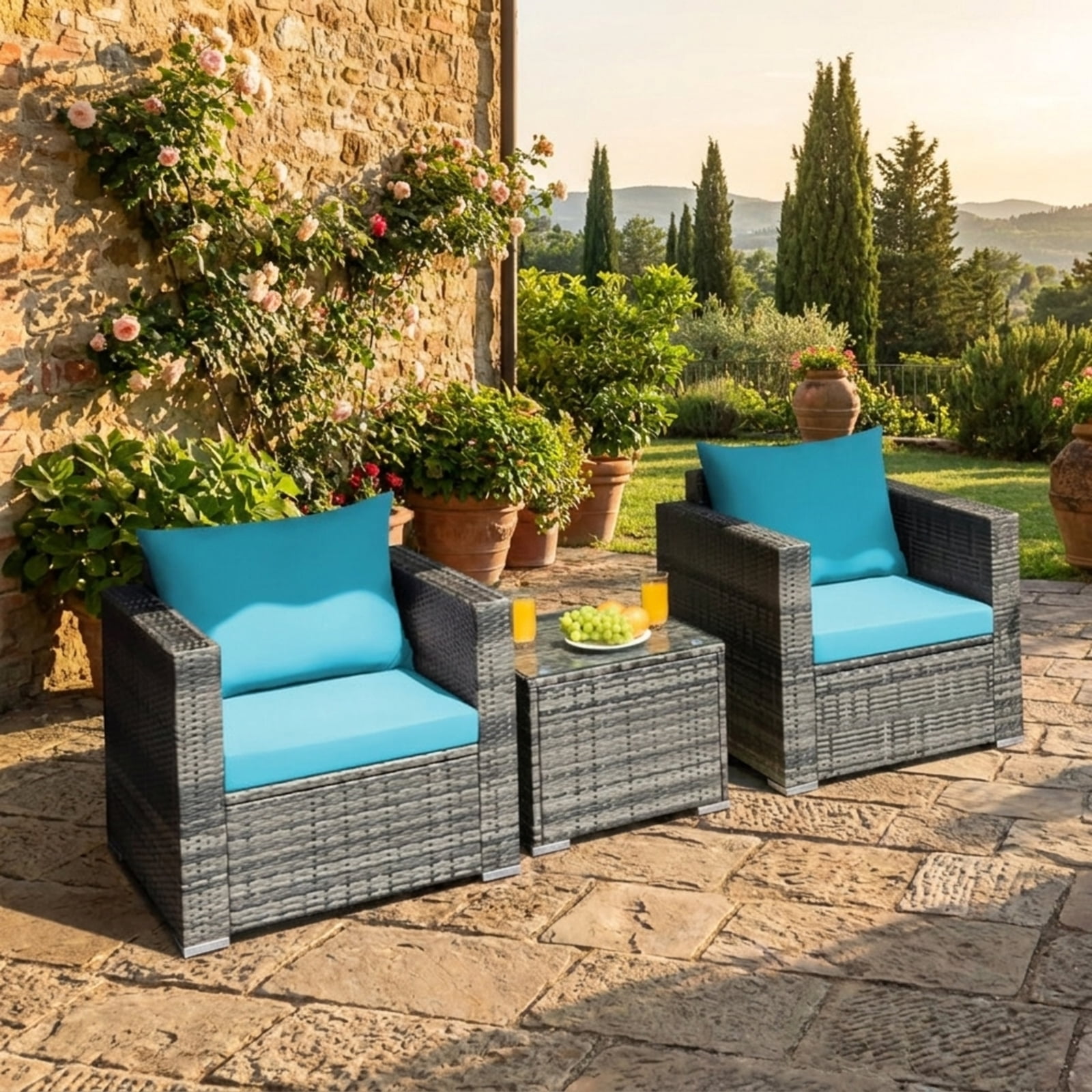 Furnibear 3 Pieces Patio Rattan Furniture Bistro Sofa Set Outdoor Conversation Set with Cushioned Chairs and Glass Table, Mix Gray