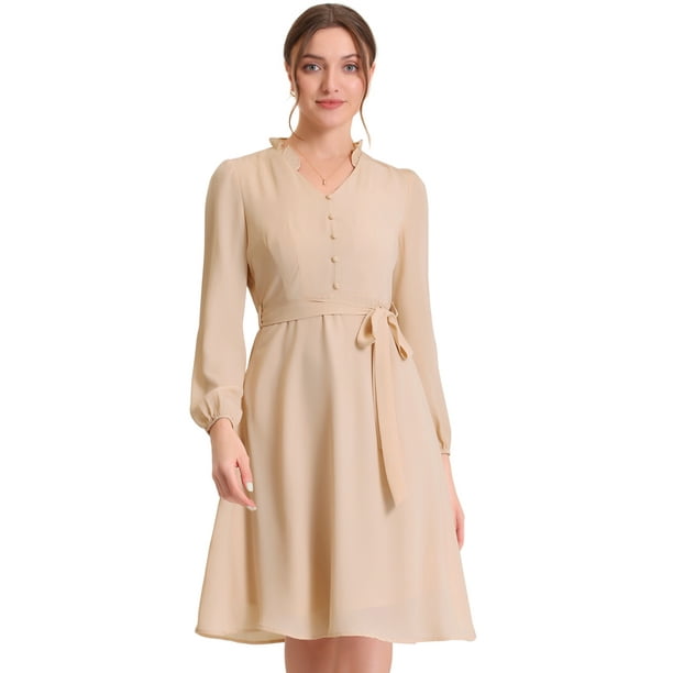 Vestido de gasa para mujer, elegante, con volantes, cuello en V, informal, de negocios, con cinturón Beige XS