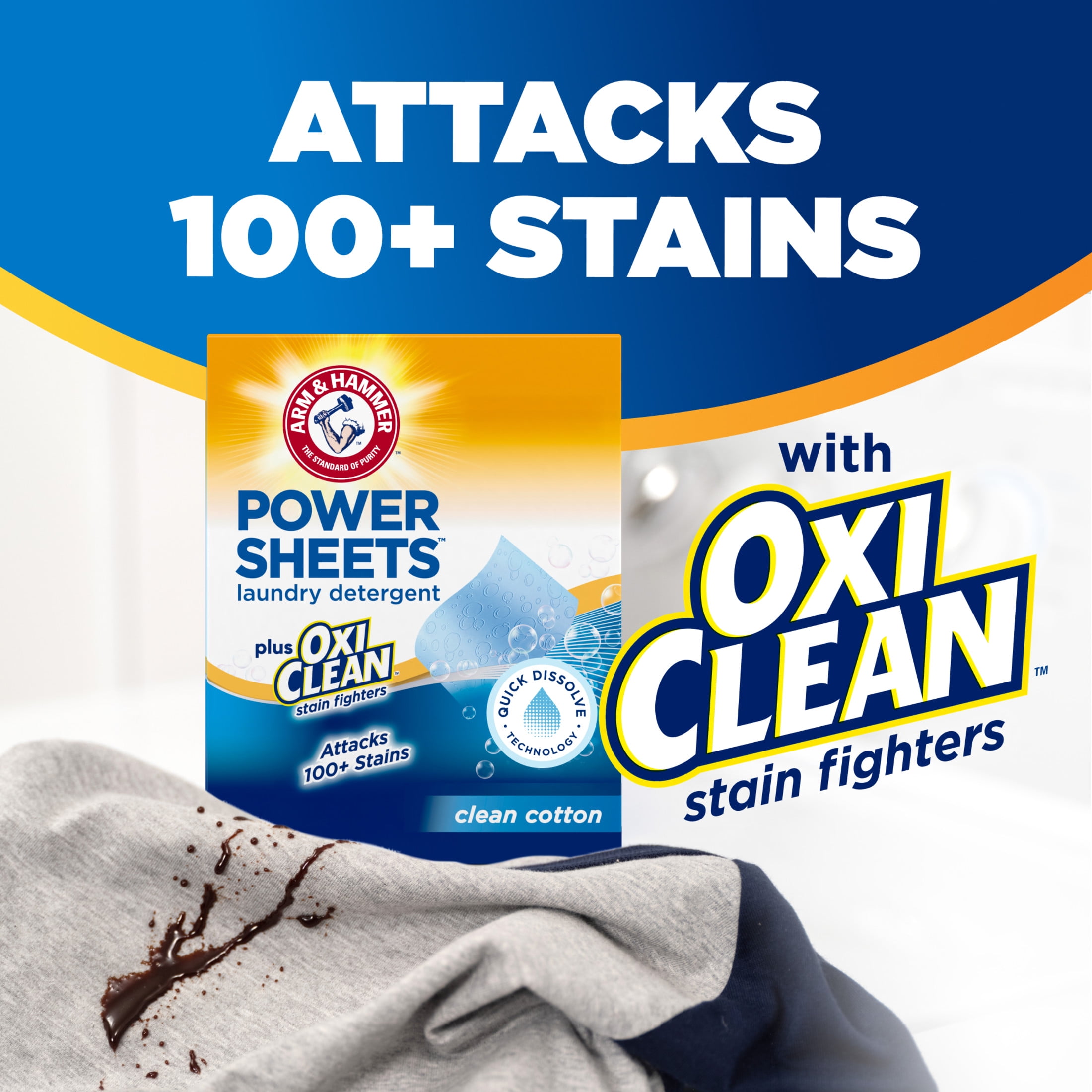 ARM & HAMMER Power Sheets Plus OxiClean Stain Fighters Laundry Detergent, Clean Cotton, 104 Count
