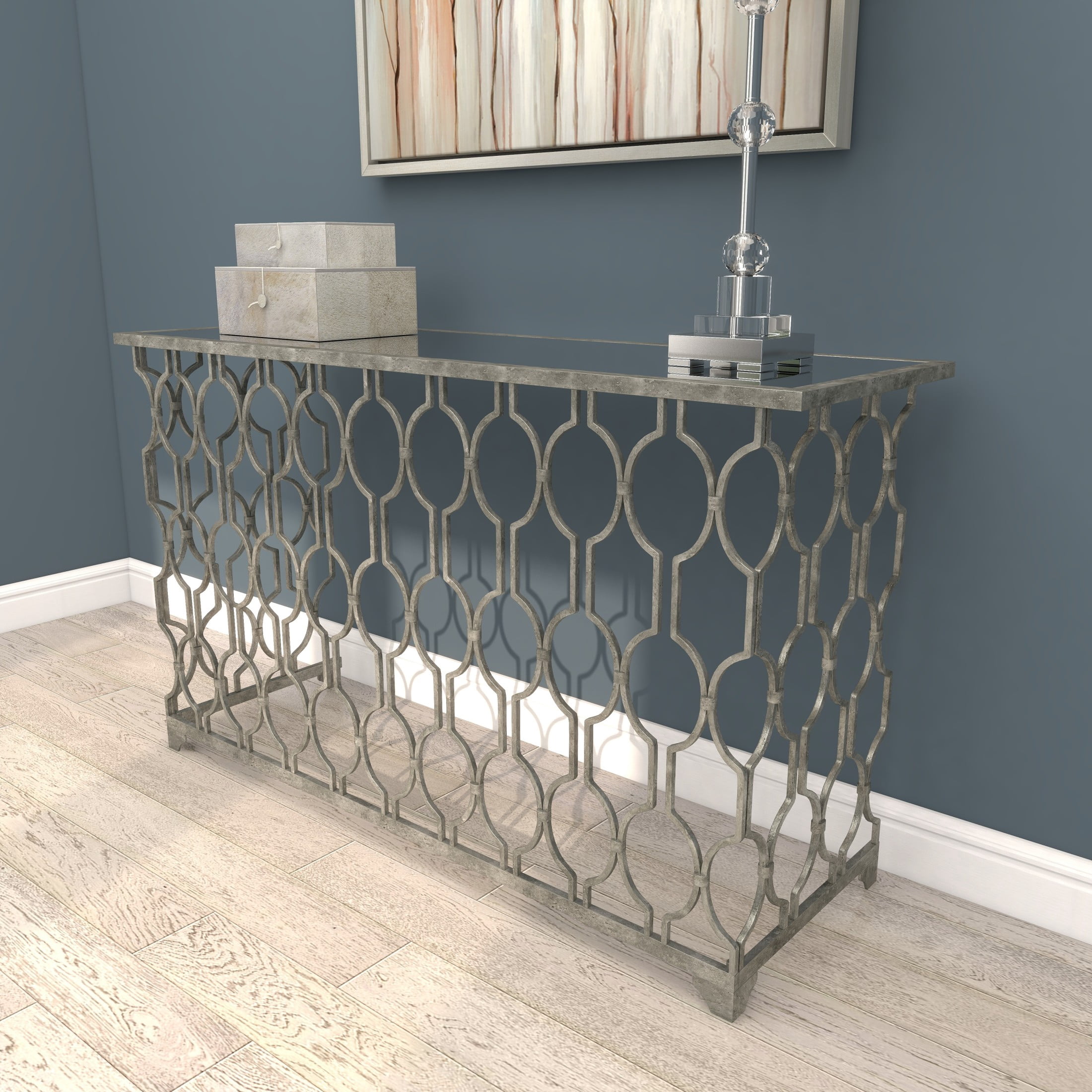 DecMode Contemporary Rectangular Metal with Mirror Top Console Table, 55"W x 32"H Features Silver Circular Trellis Pattern