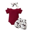 thumbnail image 3 of GYRATEDREAM Baby Girl Clothes Infant Summer Outfit Romper Sets Ruffle Short Sleeve Romper Top Shorts Bow Headband 3Pcs Set, 3 of 9