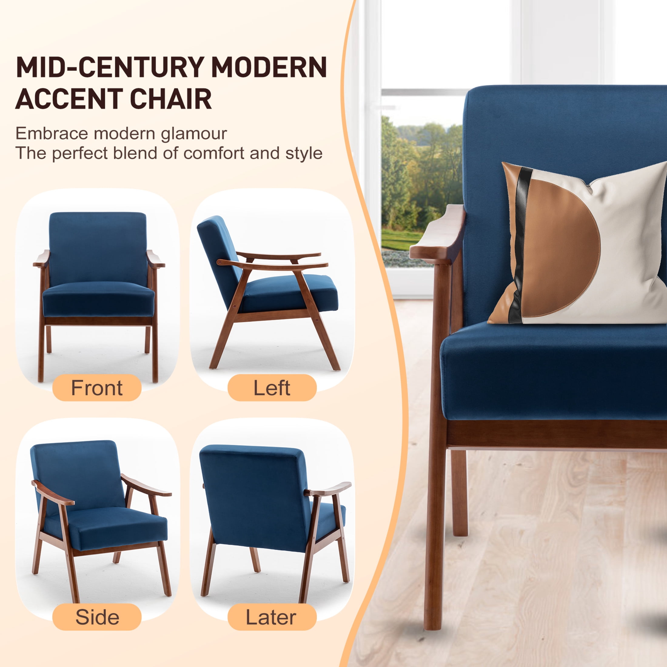Noble House Jesse Modern Accent Chair, Solid Wood Thick Backrest Upholstered Velvet Lounge Armchair, Blue