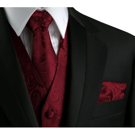 Italian Design, Men's Formal Tuxedo Vest, Tie & Hankie Set for Prom, Wedding, Cruise in Burgundy