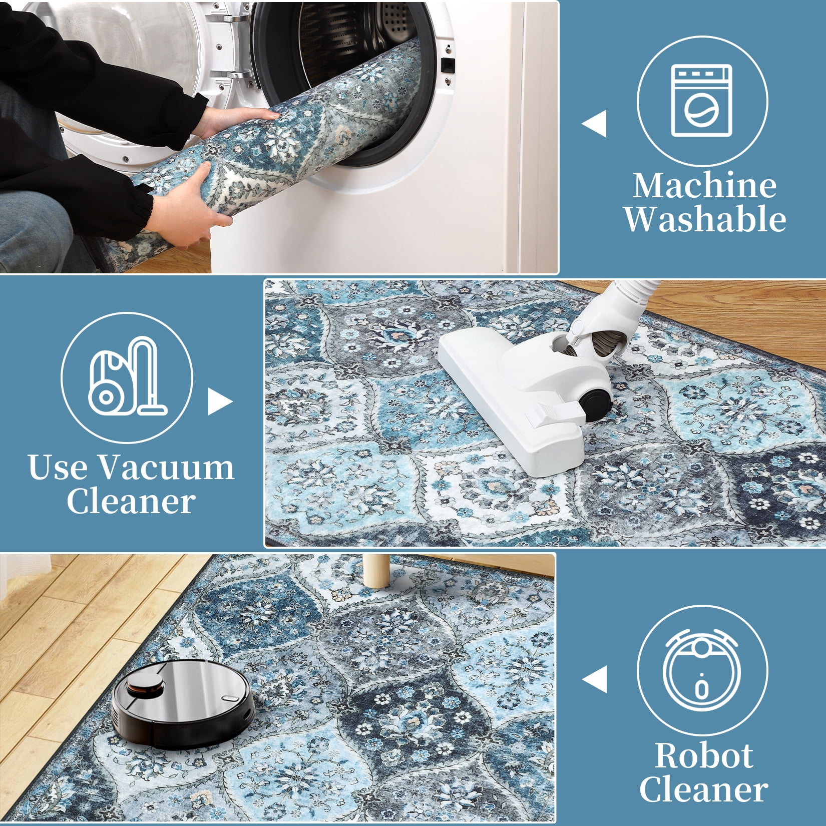 HOMERRY Indoor Washable 4' x 6' Area Rug Moroccan Trellis Floral Rug for Living Room Non-Slip Floor Carpet for Bedroom, Blue