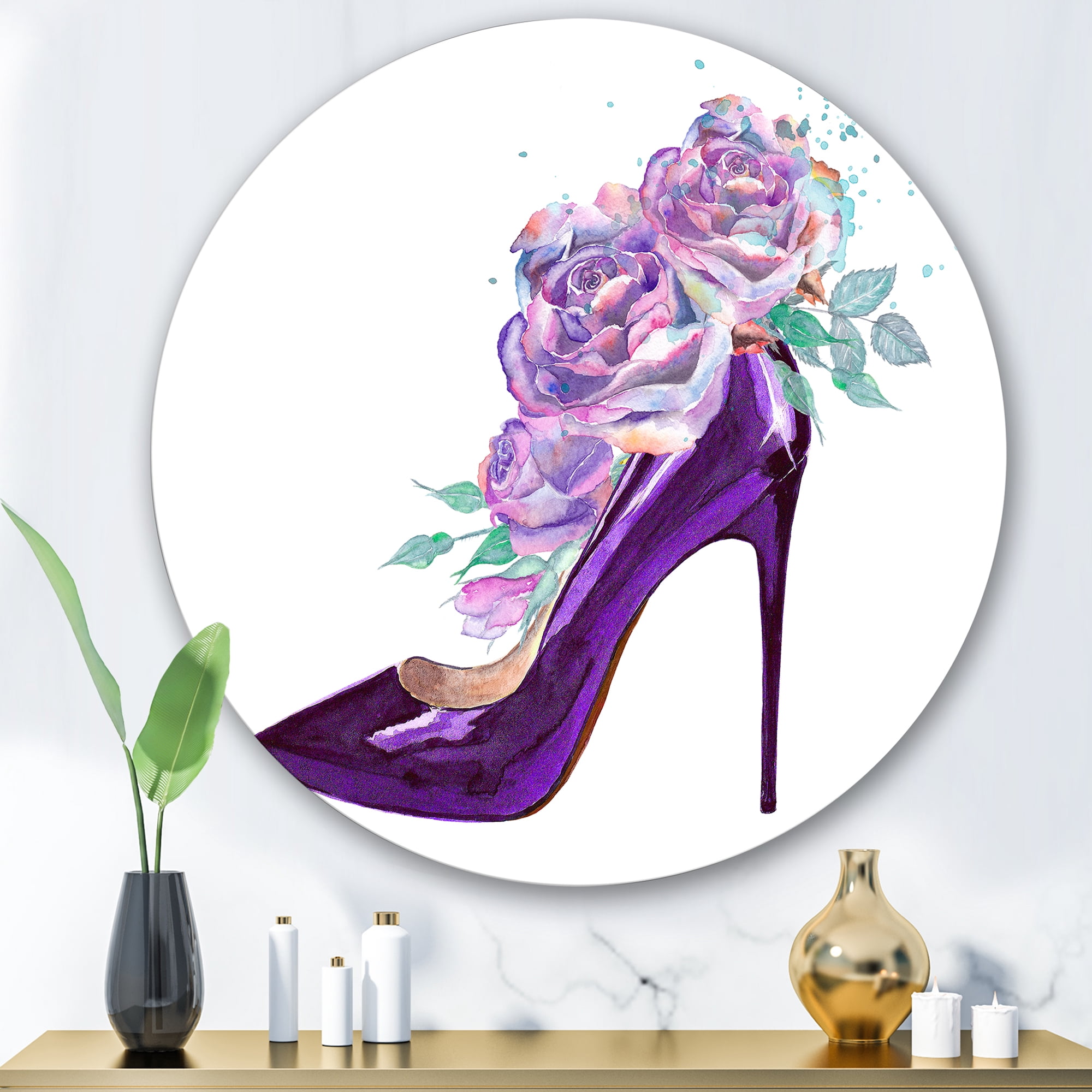 Designart 'Pink VIolet Roses With Dark Purple Stiletto Shoe' Traditional Circle Metal Wall Art 29x29 - Disc of 29