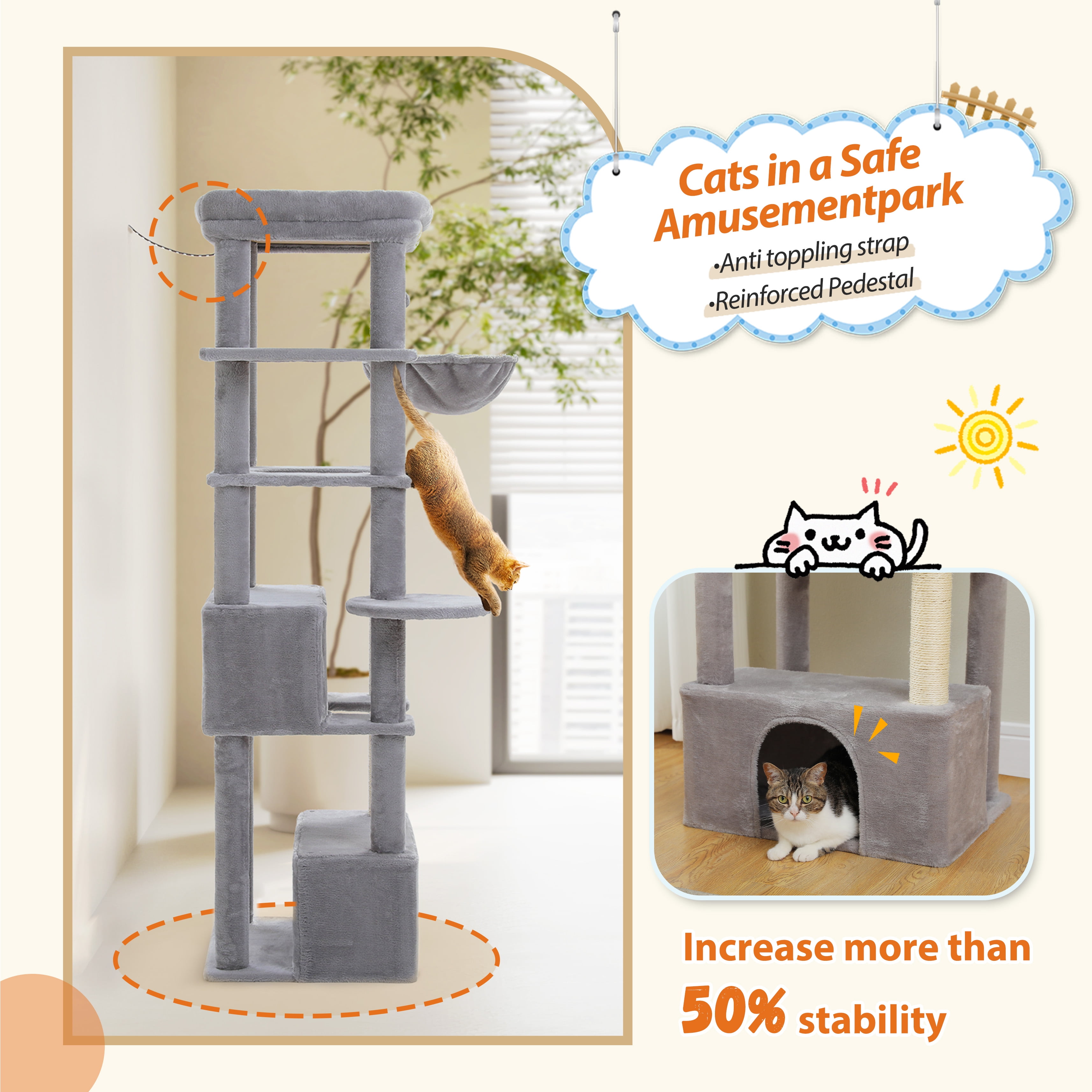 Pefilos 68" Tall Cat Tree Tower for Indoor Big Cats with Extra-Big Top Perch [21" x 17"], 2 Large Condos, Scratching Post and Cozy Hammock, Gray