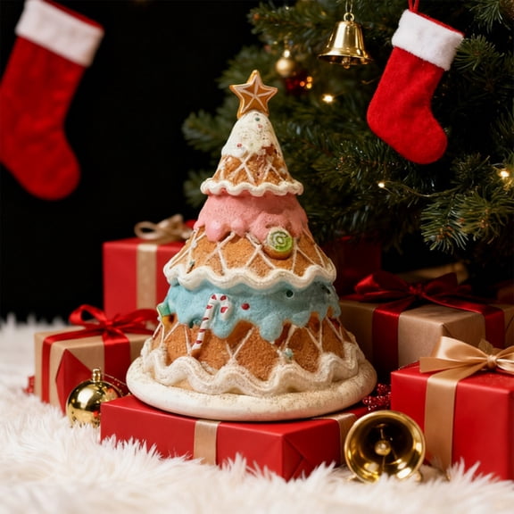 3 Inch Macron Color Cookies Resin Christmas Tree Figurines Christmas Tabletop Decorations Resin Gingerbread Cone Tree Decor Figurines for Xmas Home Centerpieces Tiered Tray Ornament Gifts