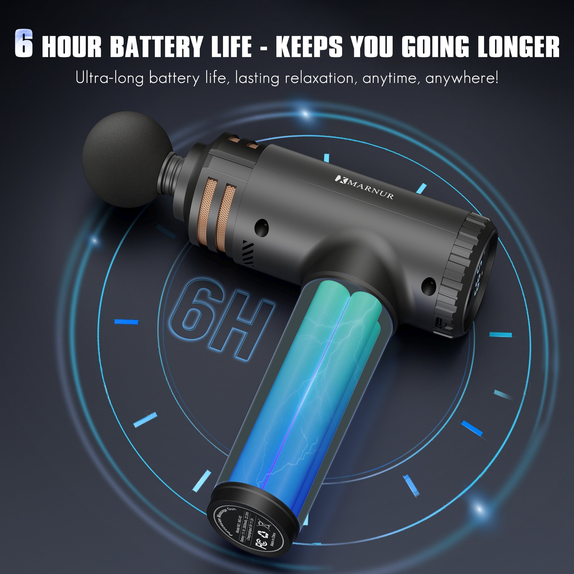 MARNUR Massage Gun Deep Tissue , 10 Speeds, 4 Heads, Quiet Muscle Massager with AI Smart Mode, 6H Battery, for Athletes & Home Use