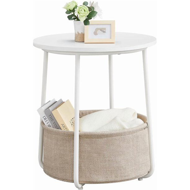 Mesa Lateral Redonda con Cesta de Tela, Mesita de Noche, Estilo Moderno, Estructura Resistente, Blanco Crema MLET223K67