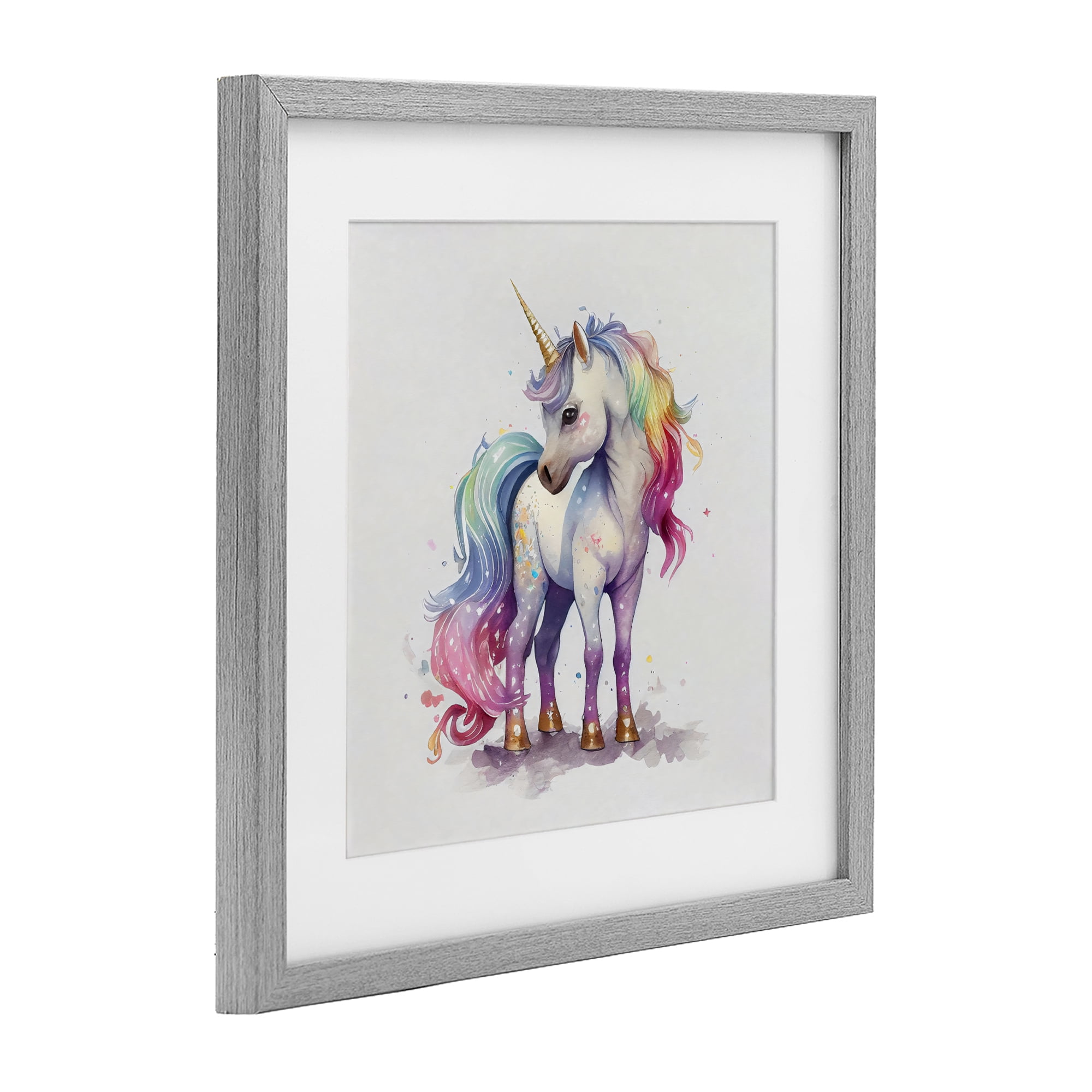 Stupell Industries Watercolor Unicorn & Rainbow Mane Gray Framed Print Under Glass, design by Creative Studio