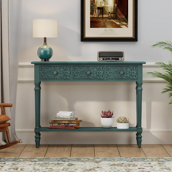 3More Entryway Console Table with 3 Drawers,42" Carved Hallway Table with Open Shelf,Long Sofa Table for Living Room, Hallway, Behind Couch,Green