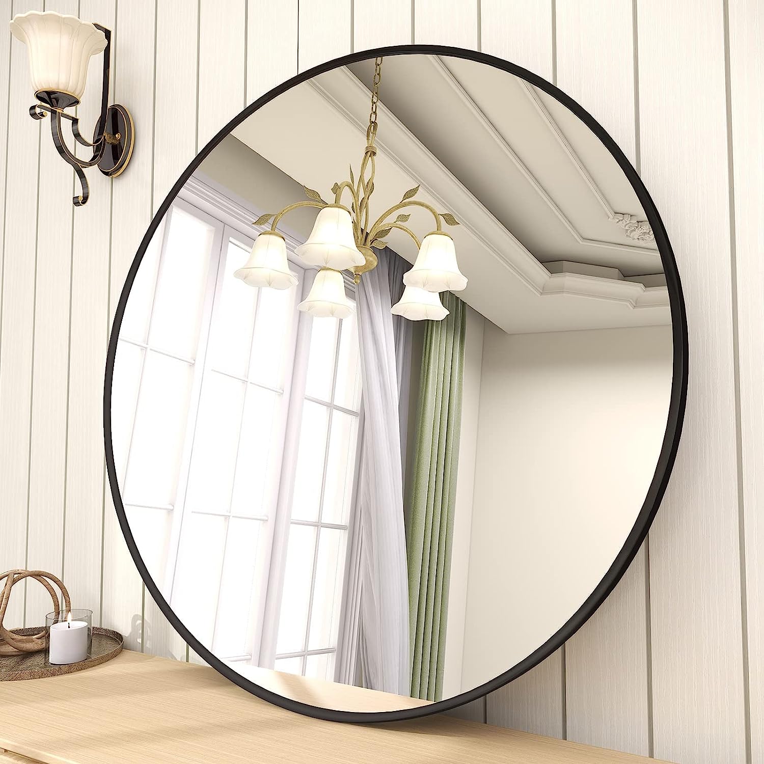 YOUTENG 32 Inch Round Mirror, Black Metal Frame Circle Mirror, Wall