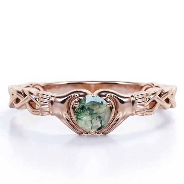 JeenMata Solitario Claddagh Ágata Verde Musgo Druzy Transparente de Talla Brillante Redonda de 1 Quilate: Anillo de Compromiso Trenzado: Baño de Oro Rosa de 18 K sobre Plata