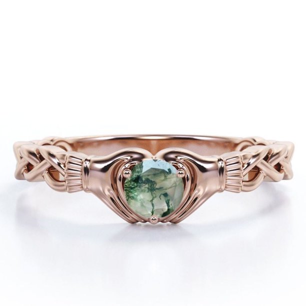 JeenMata Anillo de Compromiso Trenzado con Solitario Claddagh Ágata Verde Musgo Druzy Transparente de Talla Brillante Redonda de 1 Quilate; Baño de Oro Rosa de 18 K sobre Plata