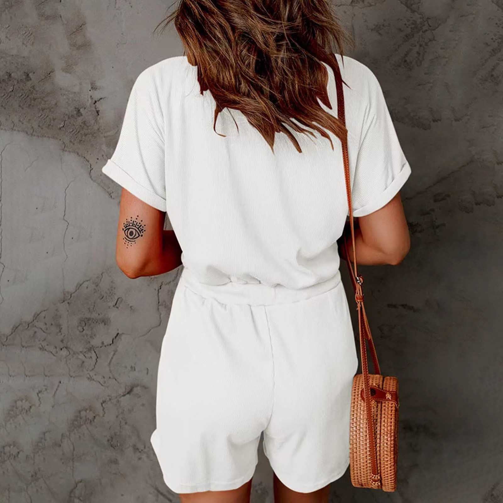 Dasayo White Shorts Romper for Women Fashion Solid Summer Sleeveless Loose  Short V-Neck Button Playsuits Rompers Jumpsuit