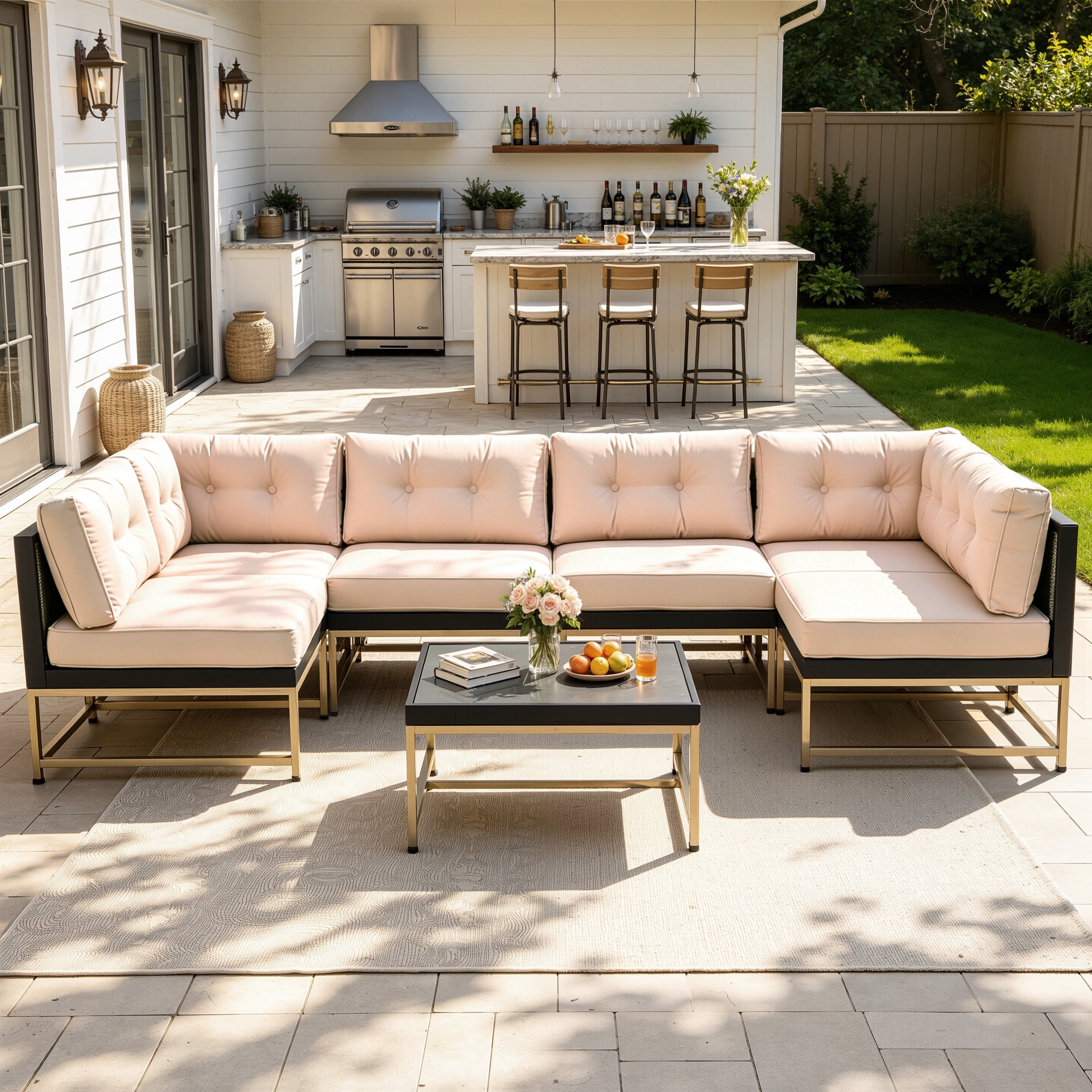 Patio Outdoor Furniture Sets, 7 Pieces All-Weather Rattan Sectional Sofa with Tea Table and Cushions, PE Rattan Wicker Sofa Couch Conversation Set for Garden Backyard Poolside