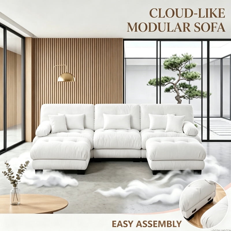 ANPPORT Cloud Couch Sleeper Sofa, Chenille White 3-Seater Modular Sofa with 2 Ottomans, 3 Lumbar pillows, 2 Pillows, Comfy Deep Seat Cloud Sofa, Convertible L-Shaped Floor Couch for Living Room