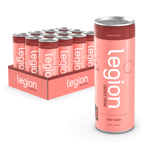 Legion Athletics Energy Drink, Fruit Punch, Zero Sugar, 150mg Caffeine, 12 Pack, 12 fl oz Cans