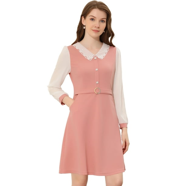 Vestido Midi Elegante Con color De Contraste Y Cuello En V de Manga Larga Para Mujer Rosa XS