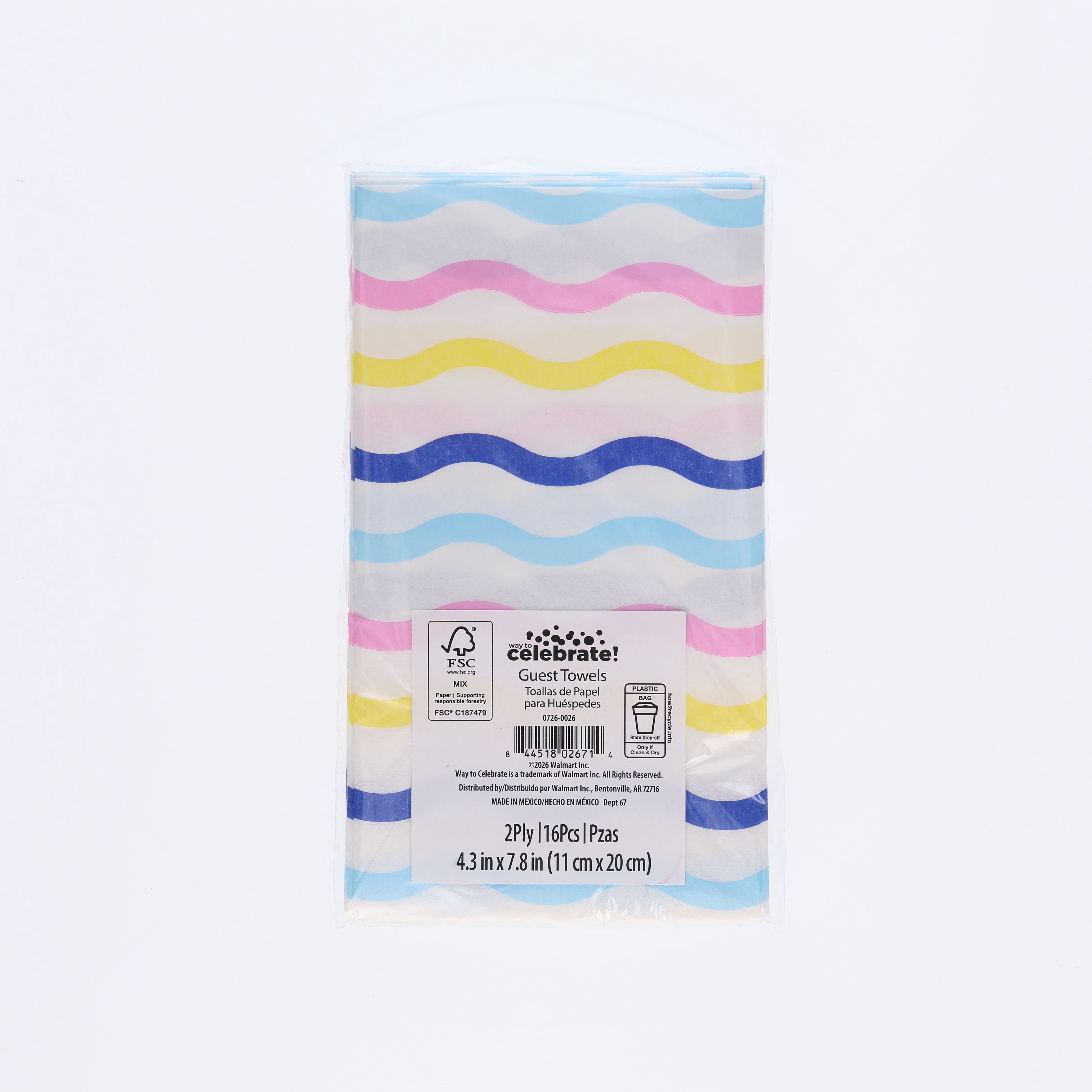 Way To Celebrate Disposable Paper Napkins, Multicolor Wavy Stripes, 4.3 in x 7.8 in, 16 Count