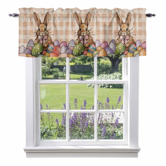 Easter Bunny, Kitchen Curtain Valances for Windows Farmhouse Short Curtains, Vintage Plaid Orange Easter Eggs Rabbits Rod Pocket Valance Curtain for Bedroom Cafe Living Room 54"x18"