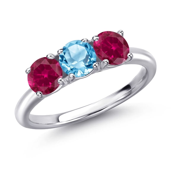 Gem Stone King 925 Sterling Silver Swiss Blue Topaz and Red Created Ruby Engagement Ring for Women | 1.85 Cttw | Round 5MM | Gemstone November Birthstone | Size 6