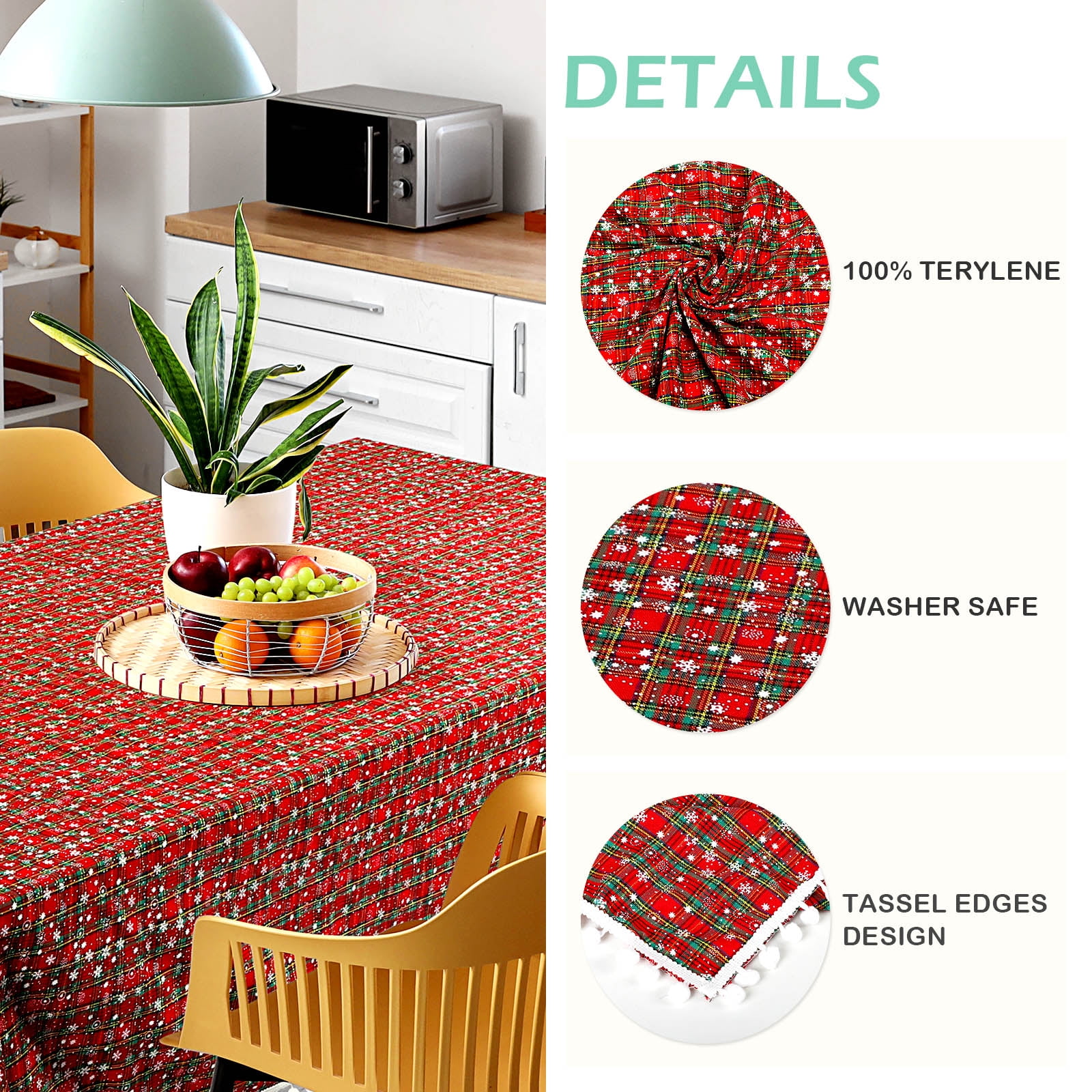 Christmas Plaid Tablecloth with Snowflake Pattern, 100% Terylene Waterproof Table Cover for Holiday Parties 59 x 86.6in
