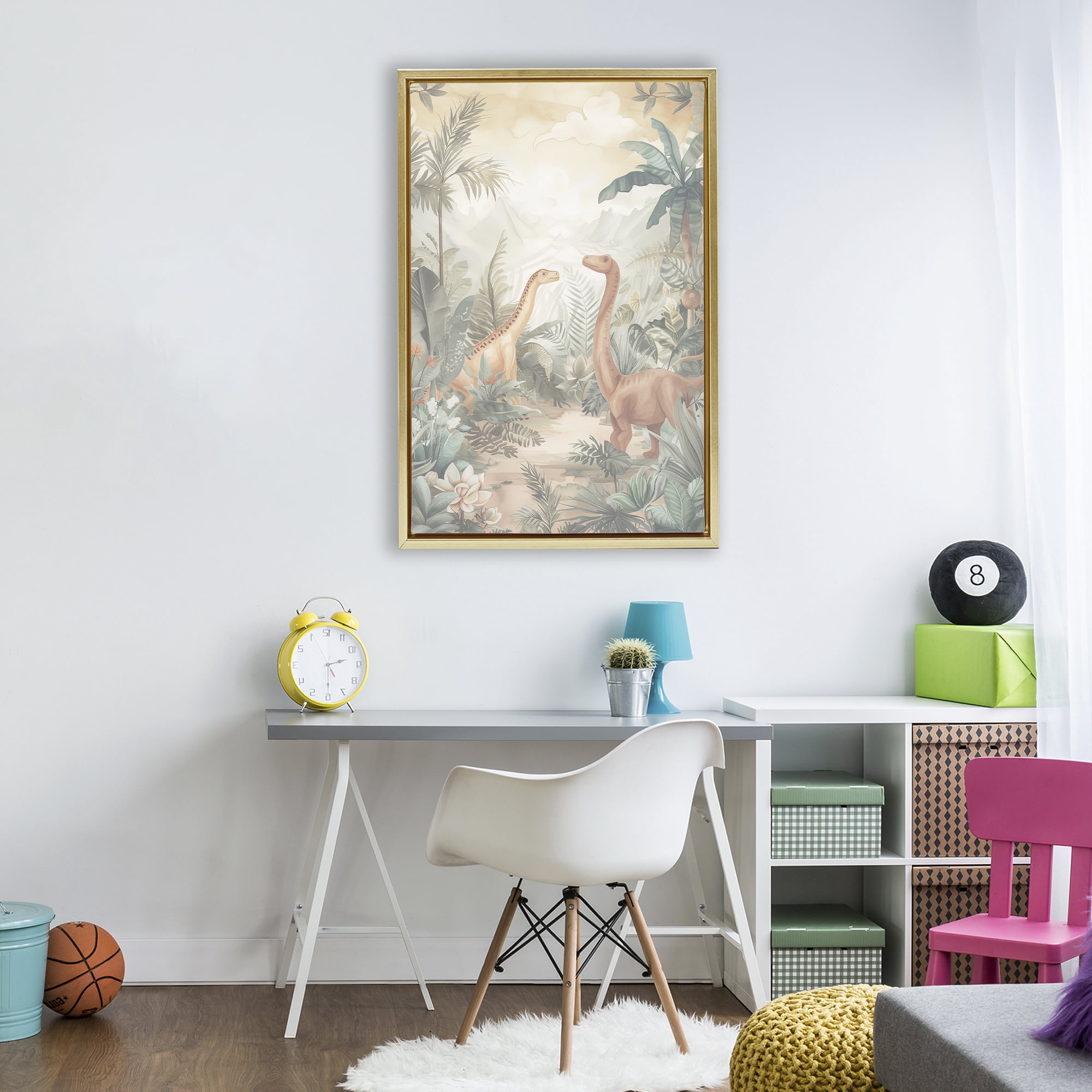 Stupell Industries Muted Dinosaurs in Jungle Gold Framed Floater Canvas Wall Art, design by Ray Powers