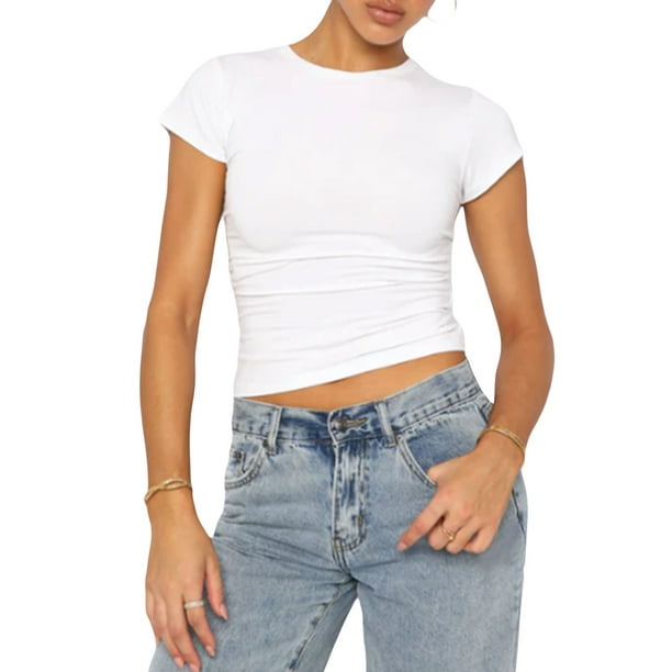 Lucakuins-Tops cortos de manga corta para mujer, camisetas básicas ajustadas de Color sólido con cuello redondo para fiesta, ropa de calle de verano Lucakuins moda