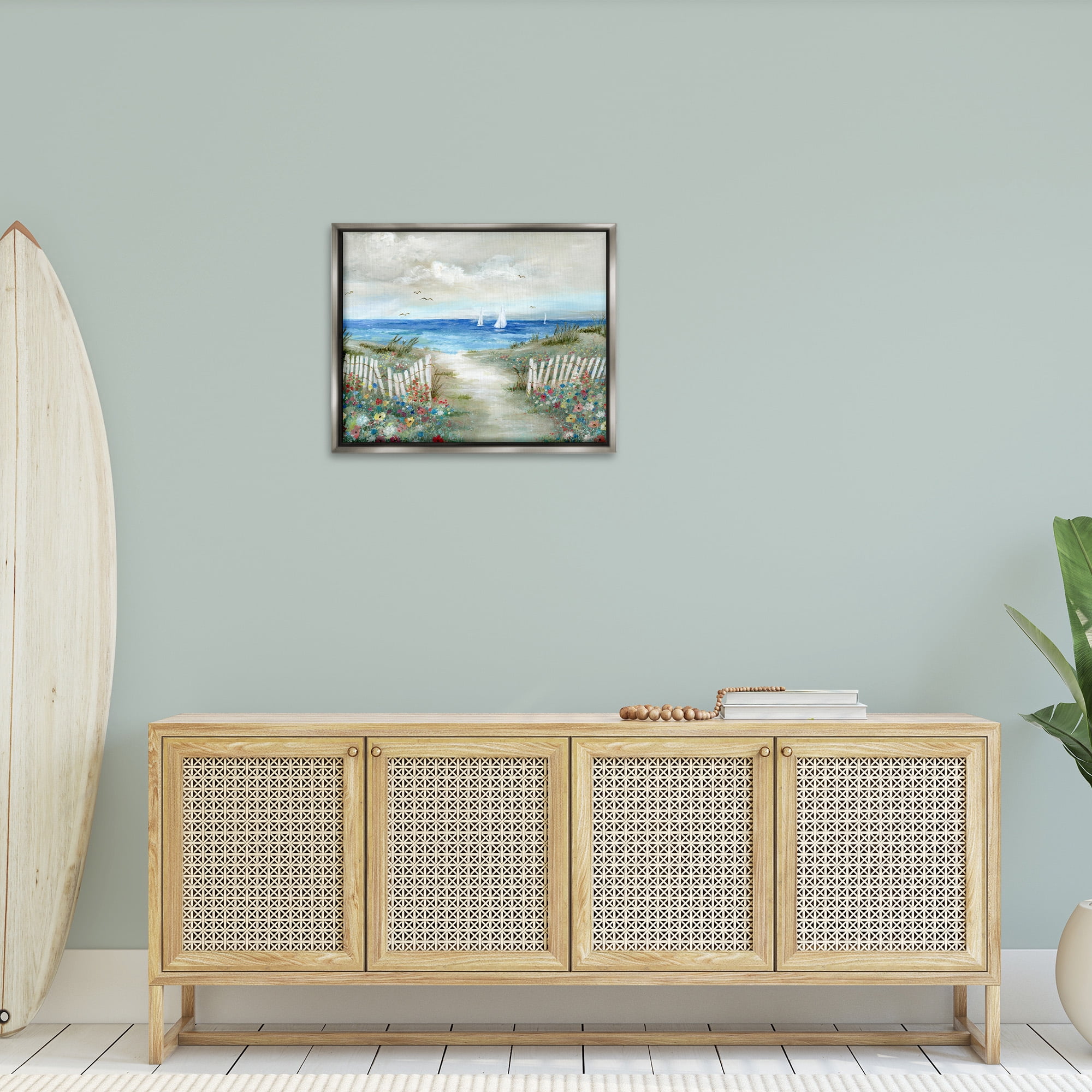 Stupell Industries Gorgeous Traditional Beach Scene Nature Painting Gray Floater Framed Canvas Art Print Wall Art, 31 x 25