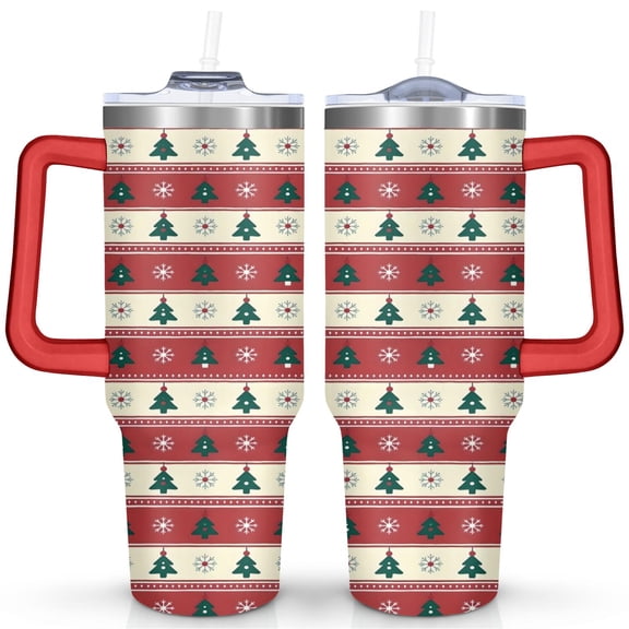 Christmas Tree Stripes Snowflakes 40 Oz Tumbler with Handle Lid and Straw Stainless Steel Double Walled Vacuum Insulated Cup Merry Christmas Gifts Tumbler for Women Men Friends Outdoor Indoor