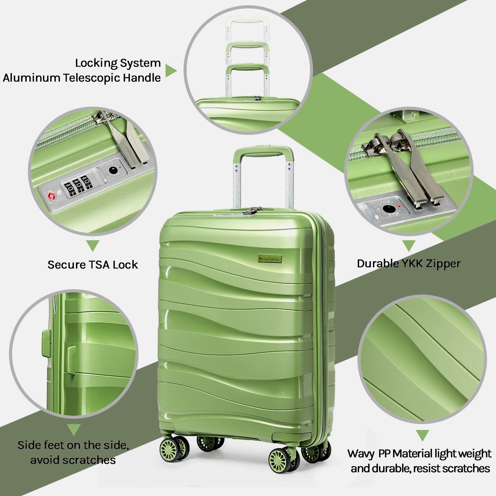 Joyway 5-Piece Luggage Set PP Hardshell Spinner Suitcase with TSA Lock - (Expandable Carry-On 20 Inch) (24 Inch 28 Inch) for School, Travel, Weekend - Green