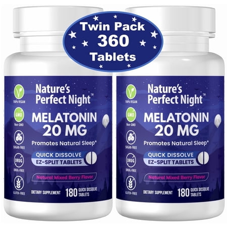 Nature's Perfect Night, Melatonin 20mg Supplement, 180 Fast Dissolve Tablets, Natural Berry Flavor 2-Pack