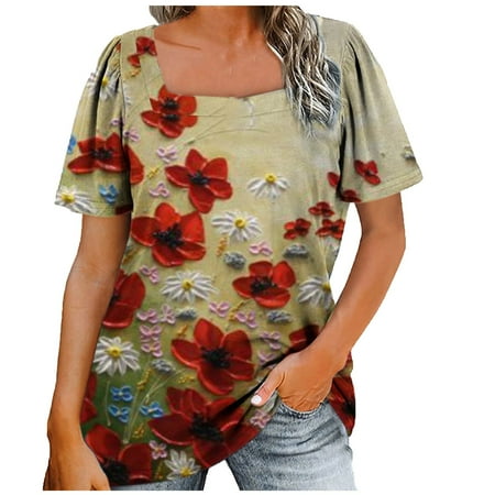 

Womens Tops Oversized T Shirts for Women Women s Print Short Sleeve Square Collar Pullover Casual T Shirt Top Backless Top Womens Tops Dressy Casual Clearance 2022 White Crop Top Red XL