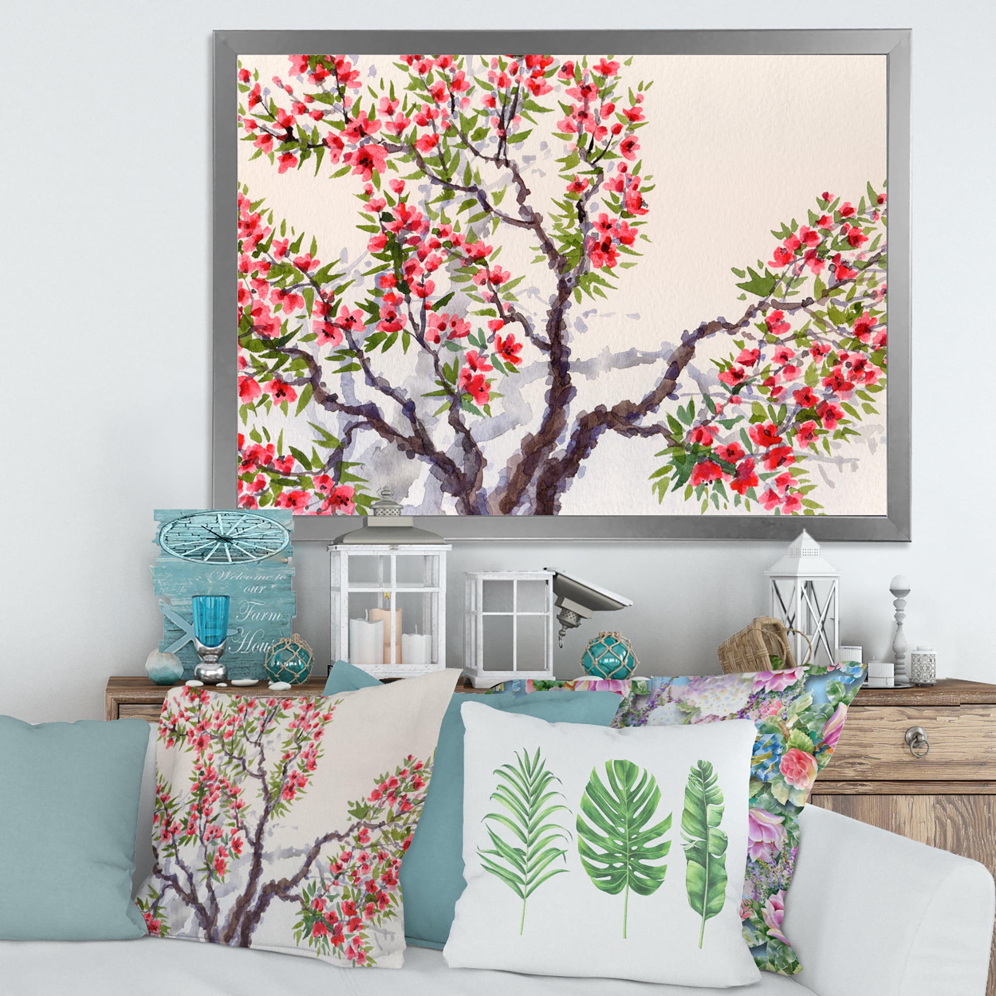 Red Flowers On The Spring Blossoming Tree II 20 in x 12 in Framed Painting Canvas Art Print, by Designart
