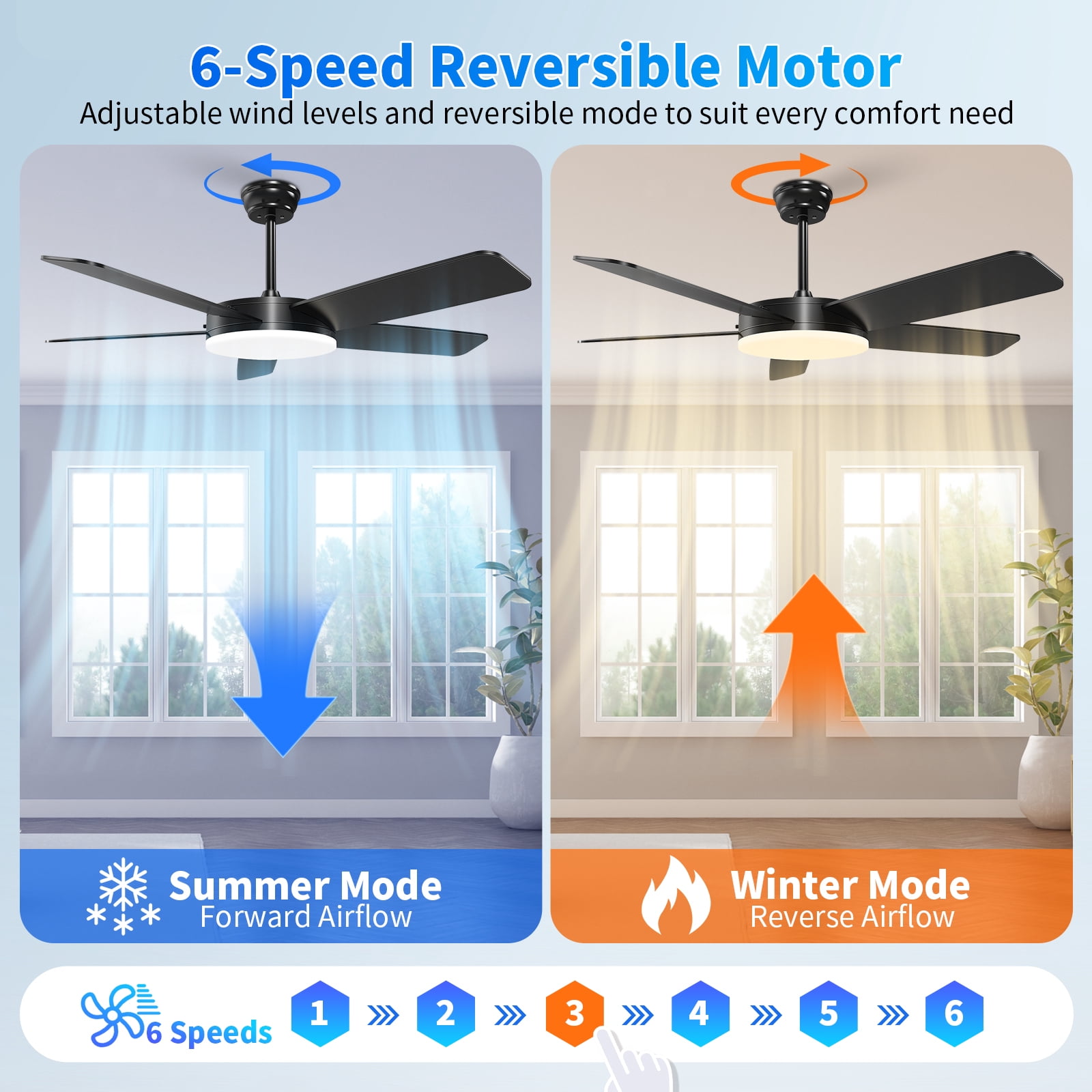 Kaqinu Ceiling Fans with Lights and Remote & App Control,45 inch Modern Ceiling Fans,6 Speeds 3 Colors for Indoor Black
