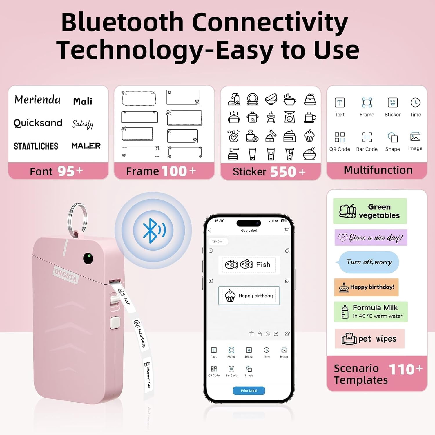 Label Maker, S001 Portable Bluetooth Label Maker Machine with Tape, Thermal Label Printer for Home, Office, School Organization, Wireless Mini Labeler Machine, Pink