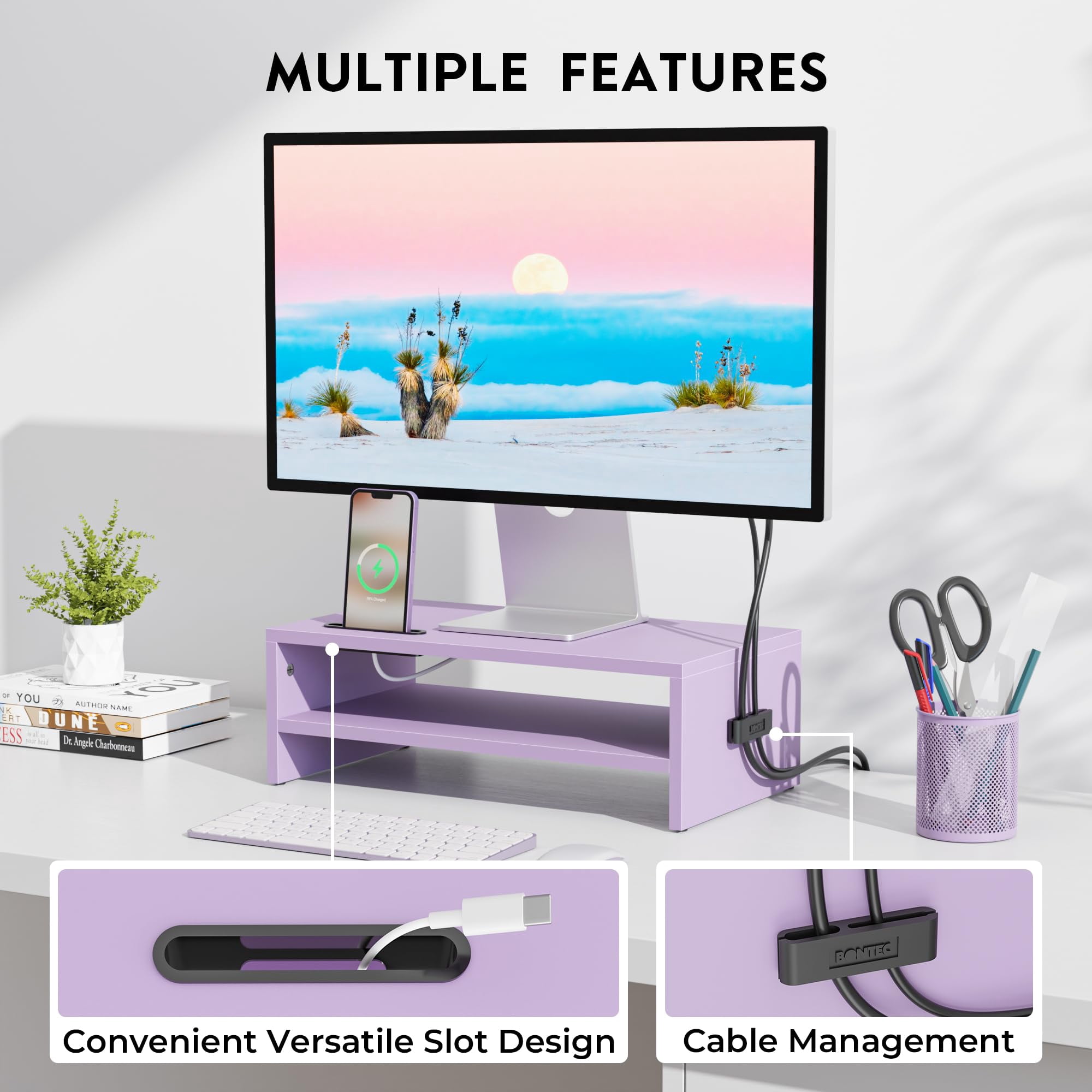 Wooden Monitor Stand Riser  2-tier Desk Shelf With Storage Organizer Computer Cable Management Cellphone Holder Purple 16.5 Inch
