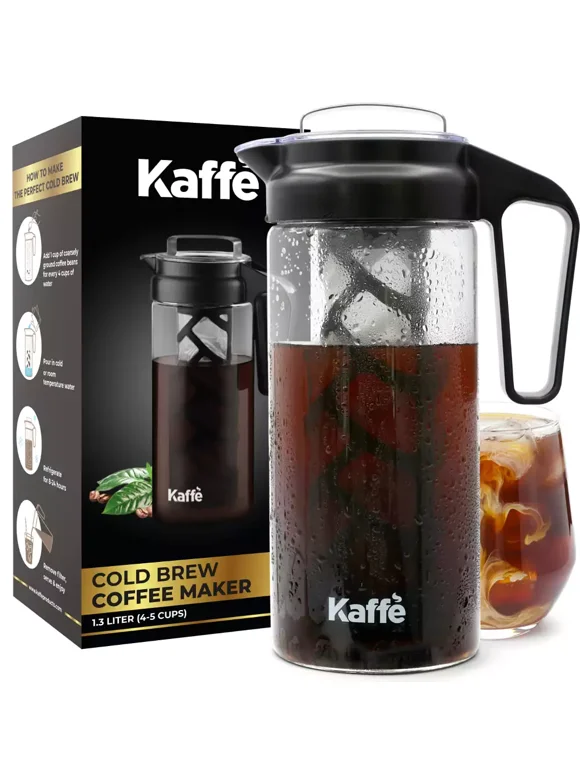 Kaffe Cold Brew Coffee Maker, 1.3L cold brew pitcher, Cold brew coffee and Tea Brewer, Easy to clean Mesh filter, iced coffee accessory, Tritan Glass cold coffee maker
