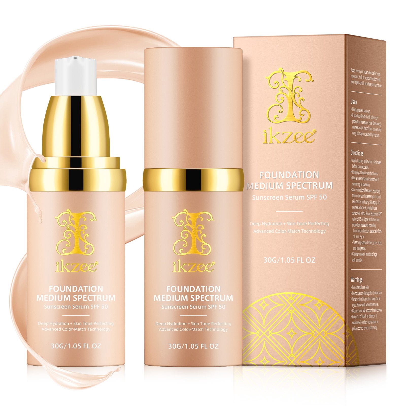 Foundation 4 in 1 SPF 50+, Longwearing & Waterproof, Hydrating Color Changing Foundation, Non-Greasy,Long Lasting, Great for all skin types - 2Pack