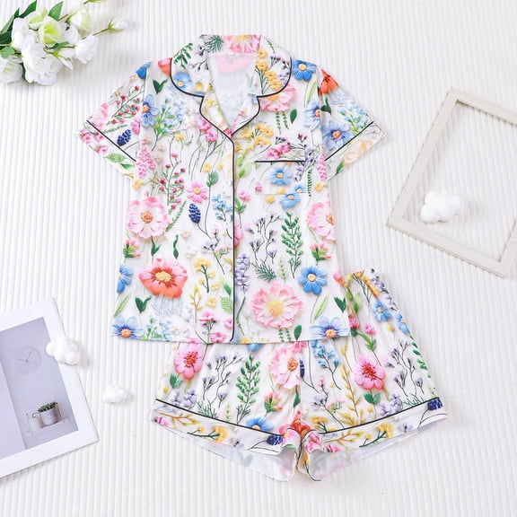 MAIHAN Pajamas for Women Set Short Sleeved Shorts Home Clothing Set Button Down Shirt Kawaii Clothes Pyjamas Sleepwear