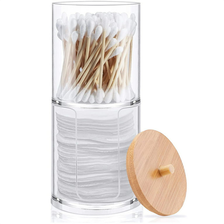 Acrylic Cotton Round Pad Holder and Qtip Holder Dispenser Set with Bamboo  Lid，Stackable，Clear Plastic Bathroom Vanity Organizer for Makeup Cotton Pad Swab  Ball 