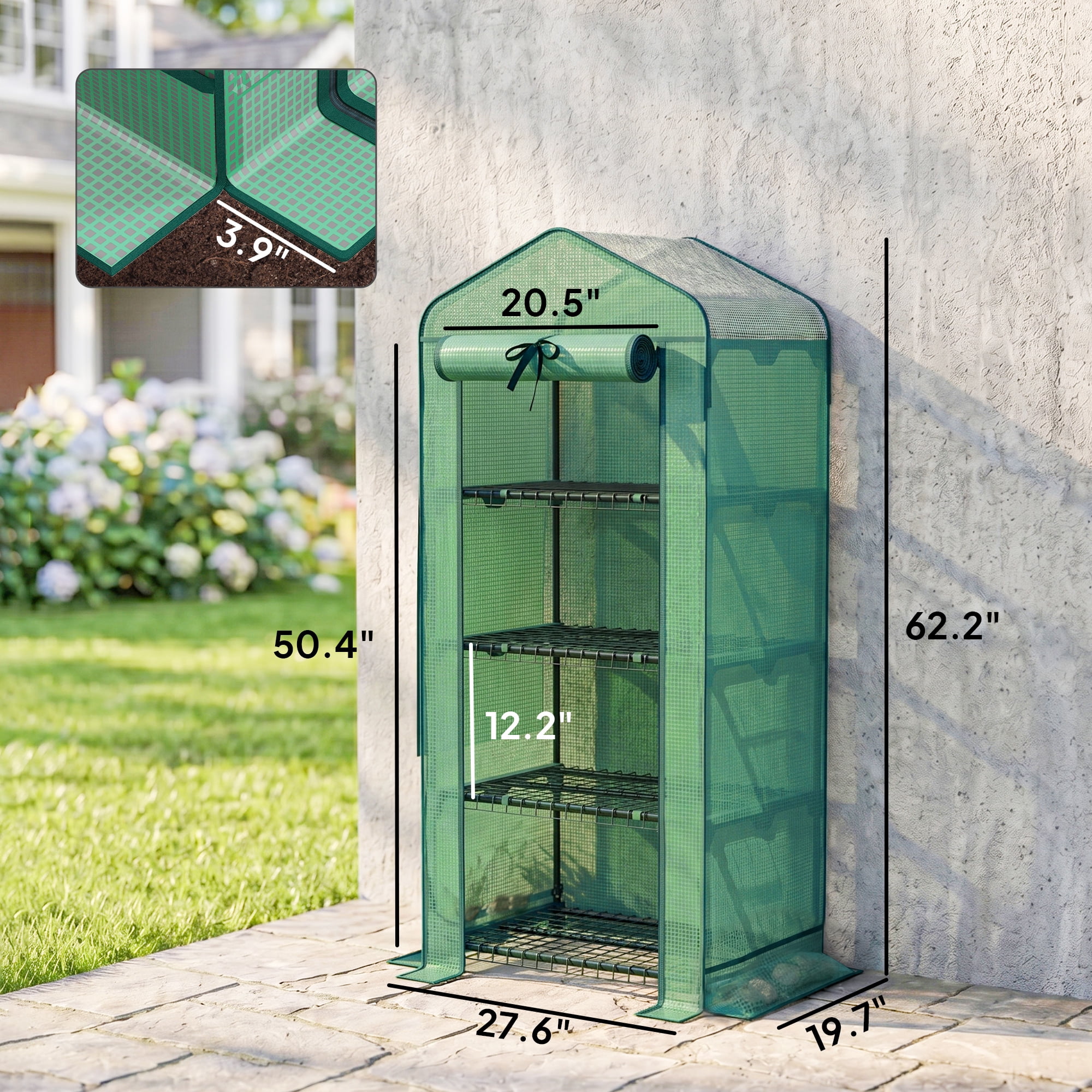 Outsunny 4 Tier Mini Greenhouse with Screen Roof, 27.6" x 19.7" x 62.2", Portable Small Greenhouse with High Strength PE Cover, Green