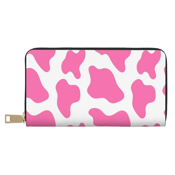 Leather Thin Slim Wallets for Women Men - cow pink print 90s 00s style Clutch Card Wallet for Women Men with Zipper